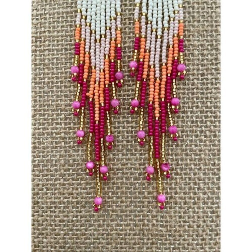 Handmade Miyuki Seed Bead Fringe Dangling Earrings Cactus Flower NWT - Picture 6 of 9